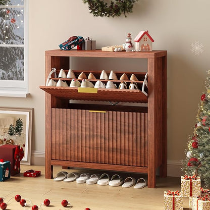 YOMILUVE Shoe Cabinet Storage for Entryway, Fluted Shoe Cabinet with 2 Flip Drawers, Hidden Shoe Rack Tall Freestanding Shoe Organizer with Legs for Hallway, Walnut