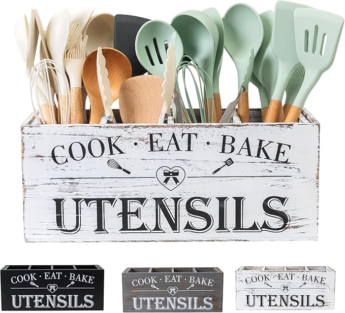 LIBODOUR Utensil Holder,Extra Large Wooden Utensil Holder For Kitchen Counter,Cooking Spatula Organizer,Big Storage Caddy with 4 Compartments Farmhouse Flatware Spoon Tool Cutlery（Retro White）