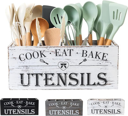LIBODOUR Utensil Holder,Extra Large Wooden Utensil Holder For Kitchen Counter,Cooking Spatula Organizer,Big Storage Caddy with 4 Compartments Farmhouse Flatware Spoon Tool Cutlery（Retro White）