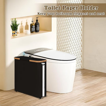 Toilet Paper Storage Basket with Lid - The Ultimate Bathroom Organizer, Free Standing Toilet Paper Holder for Up to 12 Mega Rolls, Toilet Tissue Storage Bin with Handle for RV Closet, Black