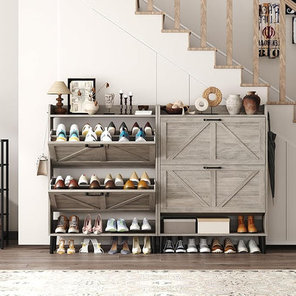 HOMEFORT Shoe Storage Cabinet for Entryway, 30" Freestanding Organizer with Two Flip Drawers, Narrow Hidden Shoe Rack with Wood Legs, Farmhouse Shoe Cabinet for Front Door Entrance,Washed Gray