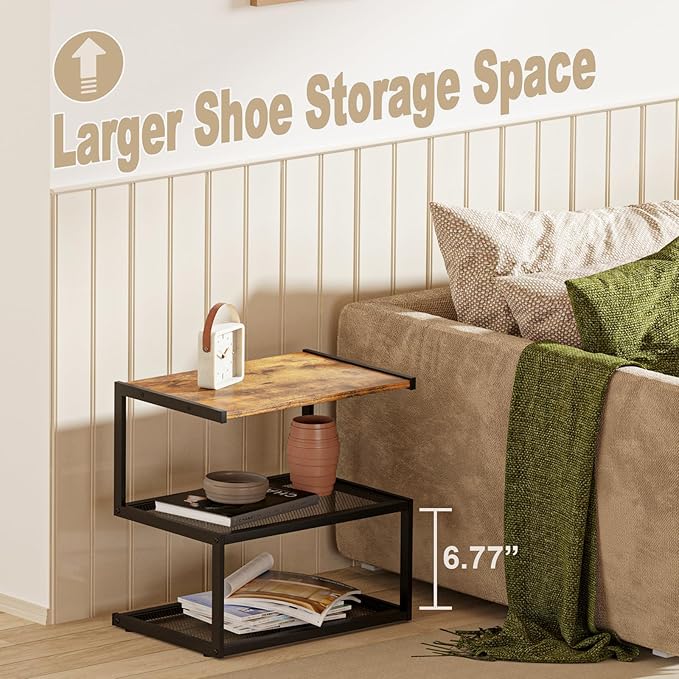 Shoe Rack, Unique 5-Shaped Free Standing Shoe Shelf, 3-Tier Wooden Shoe Organizer with Wooden Top and Steel Frame for Front Door Entrance, Entryway, Hallway, 16.54" D x 10.24" W x 16.14" H