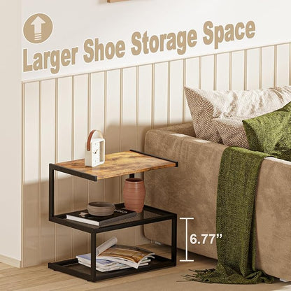 Shoe Rack, Unique 5-Shaped Free Standing Shoe Shelf, 3-Tier Wooden Shoe Organizer with Wooden Top and Steel Frame for Front Door Entrance, Entryway, Hallway, 16.54" D x 10.24" W x 16.14" H