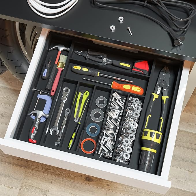 Utensil Organizer Silverware Drawer Organizer - Bamboo Expandable Cutlery Tray with Dividers for Utensil Holder Office Storage Makeup Desk Drawer Tool Organization W13.5"-19.5" x L17.5" x H2.5"(Black) | Expandable