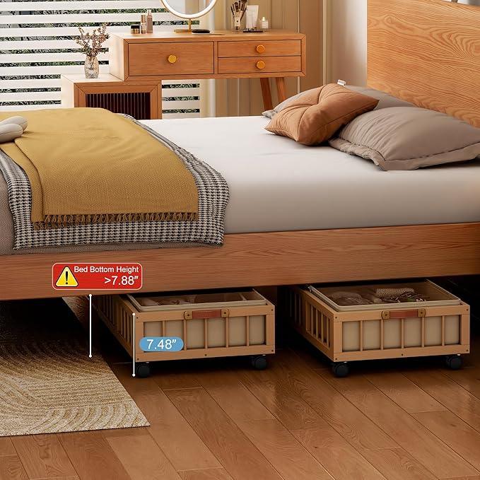 efluky 2-Pack Bamboo Under Bed Storage Containers with Wheels, Under Bed Clothes Storage Basket with Large Dust Bag, Rolling UnderBed Storage for Bedroom, Dorm and Basement, Nature