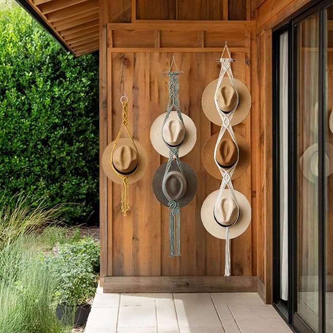 Bohemian Hat Rack Hat Hanger, Macrame Hat Organizer for Wall Hanging, Handmade Hat Holder, Hat Storage for Wide-Brim Hats, Boho Hat Display for Bedroom, Living Room(3 Styles & 3 Colors)