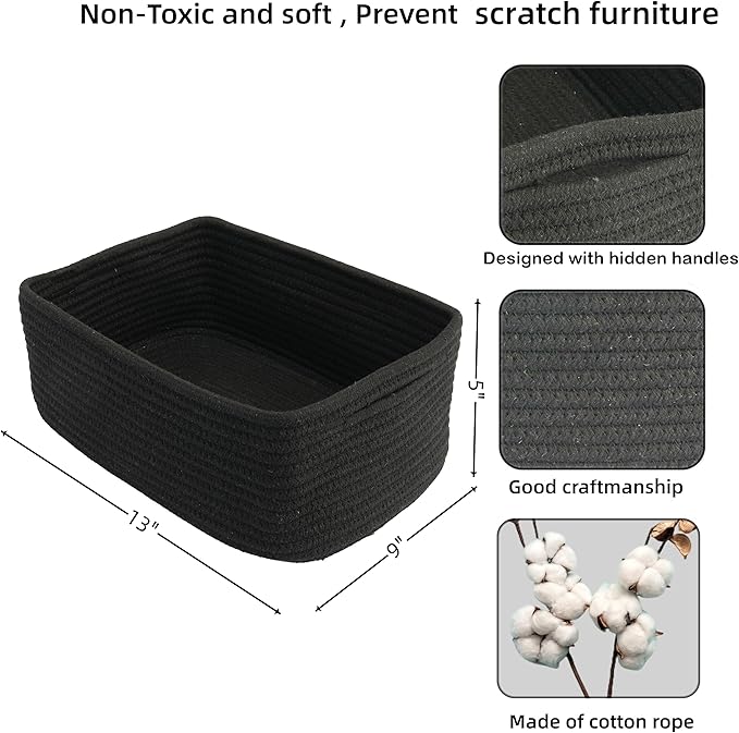 XUANGUO Small Woven Storage Baskets 13“X9”X5“ Decorative Rope Bins for Organizing Shelves, Closets, and Toys, Empty Gift Baskets, Cute Organizer Basket for Home and Office (black, Large)