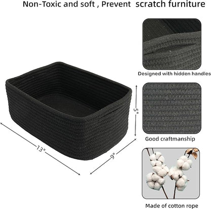 XUANGUO Small Woven Storage Baskets 13“X9”X5“ Decorative Rope Bins for Organizing Shelves, Closets, and Toys, Empty Gift Baskets, Cute Organizer Basket for Home and Office (black, Large)