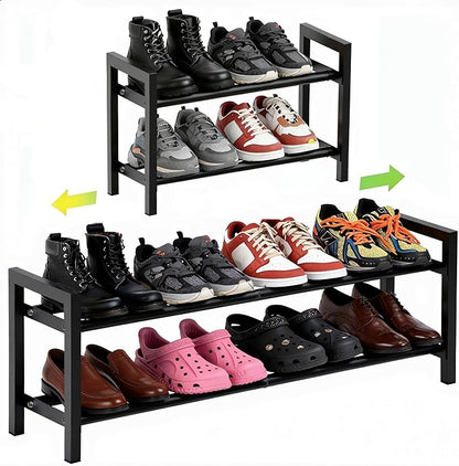 Expandable 2-Tier Shoe Rack Adjustable Shelf Organizer for Entryway Closet Freestanding Narrow Shoe Storage Cabinet for Small Spaces Holds 4-10 Pairs Heels Sneakers (Black, 2 Tier)