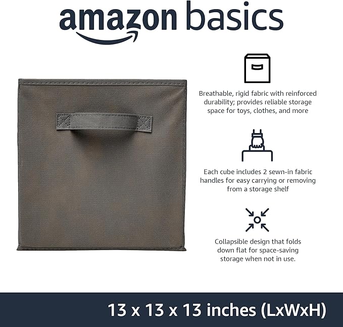 Amazon Basics Collapsible Fabric Storage Cube Bins Organizer with Handles for Organizing, Sturdy, Gray, 13 x 13 x 13 inch, 6-Pack