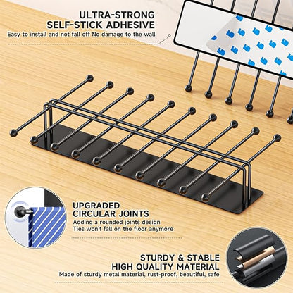 Tie Rack Wall Mounted, Tie Organizer for Men, Tie Rack Hanger for Closet Metal, Adhesive Tie Holder Organizer with 20 Hooks, Tie Storage for Wall Bedroom Living Room Dresser Room (Black)