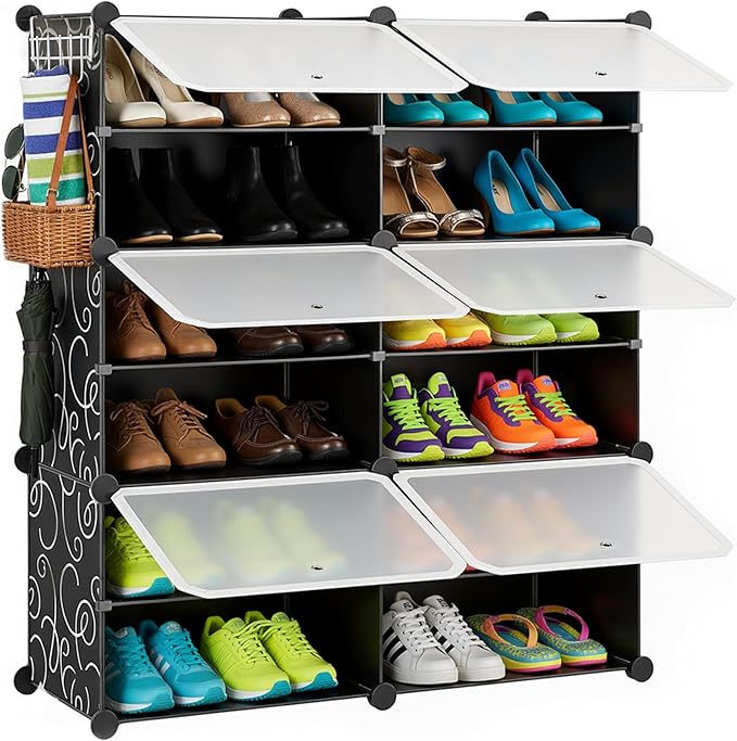 HealSmart Shoe Rack Organizer with Door, Shoe Storage Cabinet, Stackable Plastic Shelves for Closet, Entryway, Hallway, Bedroom, 6-Tier 24-Pair, Black