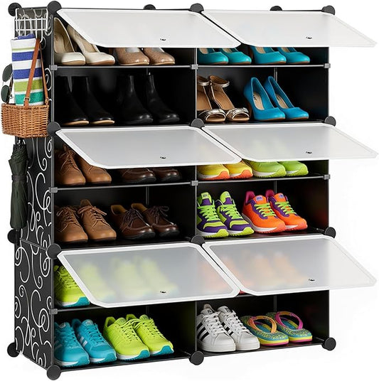 HealSmart Shoe Rack Organizer with Door, Shoe Storage Cabinet, Stackable Plastic Shelves for Closet, Entryway, Hallway, Bedroom, 6-Tier 24-Pair, Black