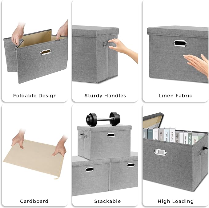 SNWDN 2 Pack Large collapsible Fabric Storage Bins with Lids Fabric storage box with lids for Household and office use (grey 17.3x11.4x11.8 inches)