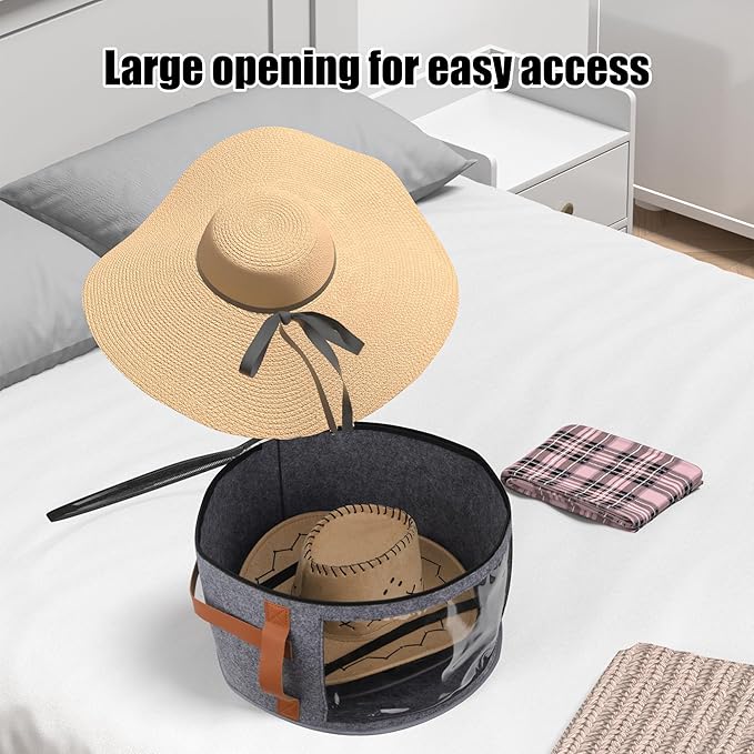 Veki Hat Organizer, Hat Box for Women Storage, Large Clear Felt Hats Box, Wide Brim Cowboy Hats Storage Boxes for Men, Round Brim Cap Boxes With Dustproof Lid for Travel and Wardrobe (Grey)