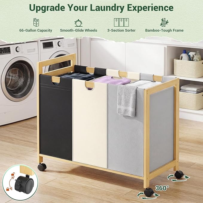 Homykic 250L Laundry Sorter Cart with Wheels, 3-Section Rolling Laundry Basket with Removable Bags, 66 Gal Large Laundry Hamper Organizer, Heavy Duty Bamboo Frame, Water-Resistant, Multicolor