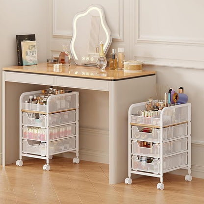 Rolling Makeup Cart Organizer with 3 Drawers, 4-Tier Narrow Floor Skincare Organizers with dividers, Vanity Organizer Cosmetics Display Cases for Makeup Brush, Hair Tool, White