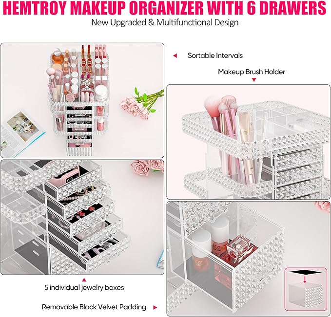 Rotating Makeup Organizer with 6 Drawers[New Updated],DIY Adjustable Make up Organizers and Storage Different Types of Cosmetics and Jewelry,Spinning Perfume Organizer (Plus Size-Clear)