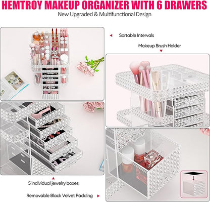 Rotating Makeup Organizer with 6 Drawers[New Updated],DIY Adjustable Make up Organizers and Storage Different Types of Cosmetics and Jewelry,Spinning Perfume Organizer (Plus Size-Clear)