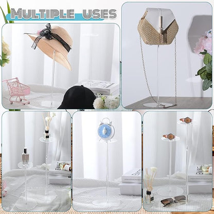Geetery 8 Pcs Acrylic Hat Stand 12" to 17" Adjustable Clear Wig Display Rack Height Table Hat Holder Pedestal With Round Barbell Base Organizer Acrylic Risers