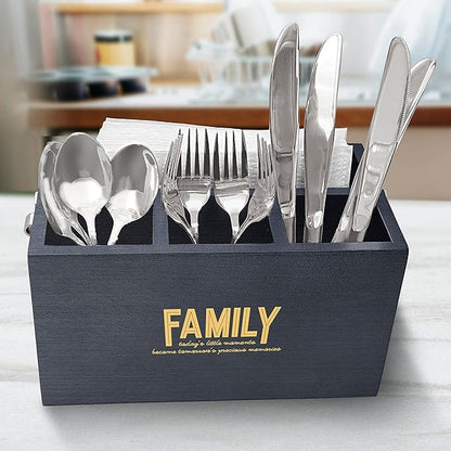 Family Quote Wood Utensil Caddy Cutlery Organizer, Silverware Holder, Large Utensil Flatware Organizer Box with 3 Compartments, Wood Utensil Holder
