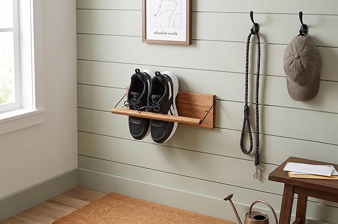 Shoe Rack with Dowel, Wall Hanging Shoe Storage, Organize for Sneaker, Slipper, Boots in Entryway, Hallway, Trailer, RV, Solid Wood_ Beige