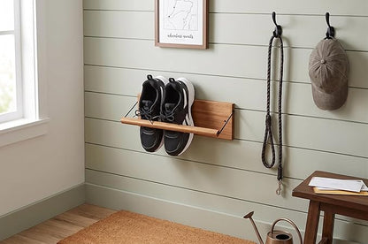 Shoe Rack with Dowel, Wall Hanging Shoe Storage, Organize for Sneaker, Slipper, Boots in Entryway, Hallway, Trailer, RV, Solid Wood_ Beige