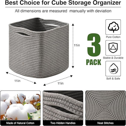 ICERZCZ 11 Inch Cube Storage Bins, Storage Cube Organizer Bins, Woven Cotton Rope Basket for Storage, Storage Baskets for Organizing Shelves, Grey Baskets for Toys Nursery, Grey (Pack of 3)