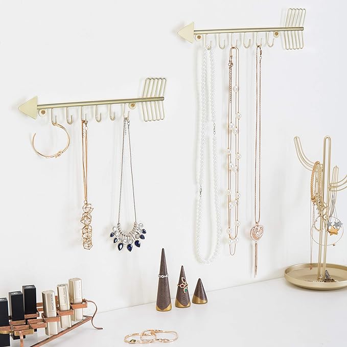 MyGift Brass-Tone Metal Wall Mounted Arrow Design Necklace Organizer Rack with 6 Hooks, Set of 2