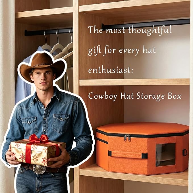 Vegan Leather Hat Box,Large Octagonal Hat Travel Fits 5 Cowboy or Wide-Brim Hats,Padded Hat Storage Organizer with Trolley Sleeve,Clear Window & Shoulder Strap,for Travel or Home Organization, Orange