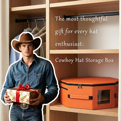 Vegan Leather Hat Box,Large Octagonal Hat Travel Fits 5 Cowboy or Wide-Brim Hats,Padded Hat Storage Organizer with Trolley Sleeve,Clear Window & Shoulder Strap,for Travel or Home Organization, Orange