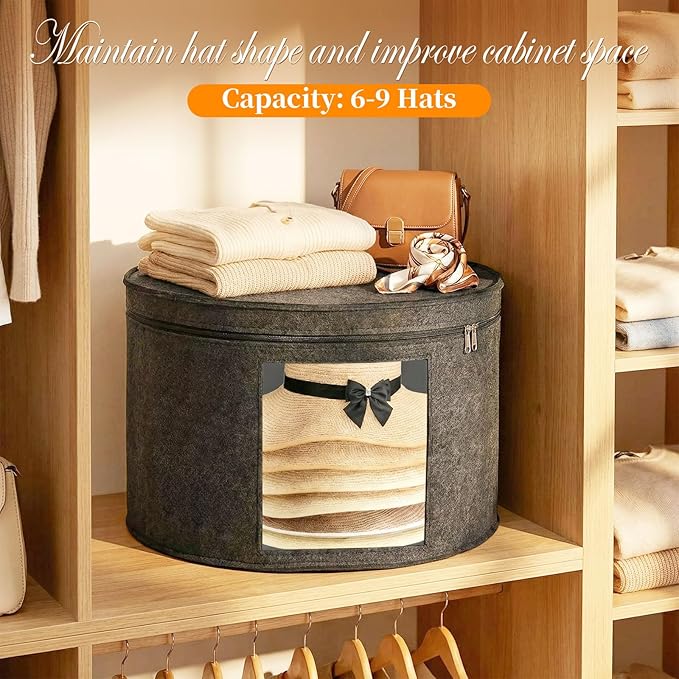 Hat Boxes for Women&Men Storage, Round Felt Hats Storage Box Container for Closet, Cowboy,Round Brim, 16" D x 10" H Foldable Caps Organizer Bag for Travel with Dustproof Lid (Black)