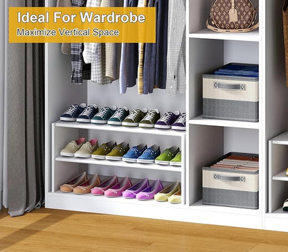 Cidaziya 2 Tier Small White Shoe Rack for Closet, Stackable Shoe Shelf Organizer for 9-12 Pairs of Shoes, Portable Wood and Cloth Structure, Small Shoe Storage Organizer, Size 28.5"* 11" * 13"