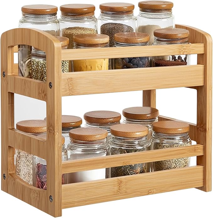 Briful 2 Tier Bamboo Spice Rack Organizer for Countertop, Small Kitchen Shelf for Spices, Coffee Bar, Pantry & Cabinet Organization