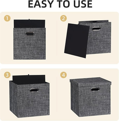 Posprica Storage Bins with Lids,13×13×13 Foldable Storage Cube Baskets Boxes Fabric Drawers for Closet Shelf Cabinet Bookcase,Set of 4,Black