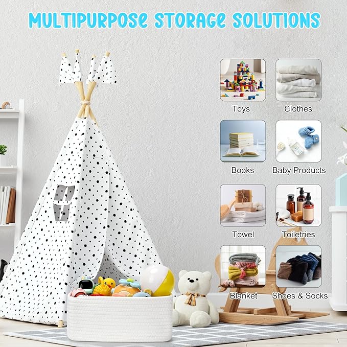 3-Pcs Shelf Baskets for Organizing, Closet Organizer Bins, Small Woven Baskets, Rope Toy Basket, Storage Basket for Shelves, Cube Decorative Box, 11.8×7.8×5.1”, White