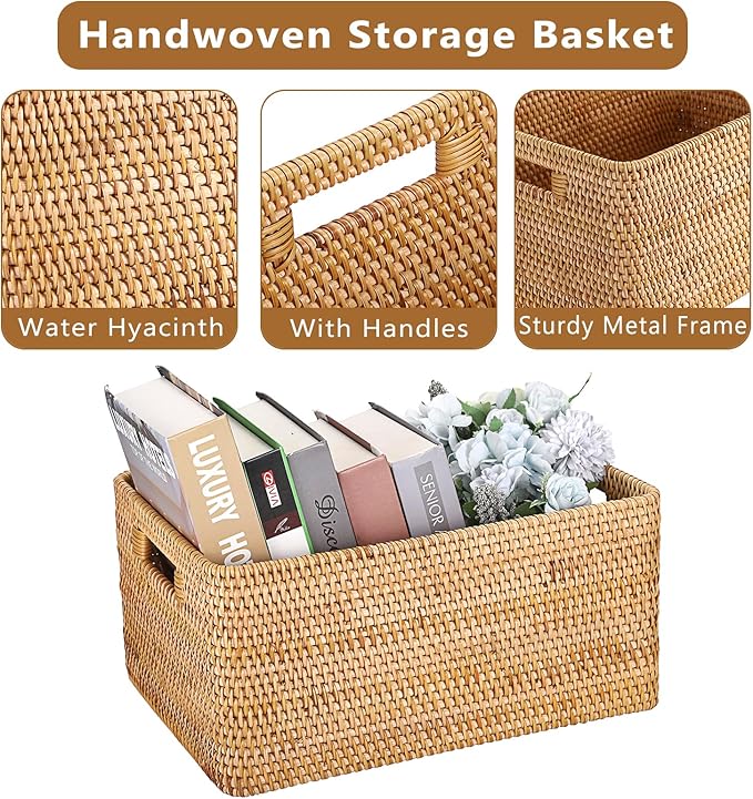 Hipiwe Handwoven Rattan Basket Decorative Natural Wicker Storage Basket Rectangular Wardrobe Home Organizer with Build-in Handles, 15" x 11" x 7.1"