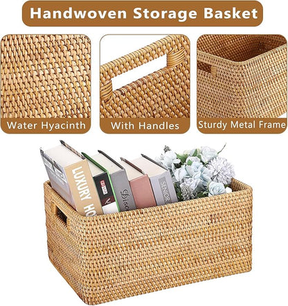 Hipiwe Handwoven Rattan Basket Decorative Natural Wicker Storage Basket Rectangular Wardrobe Home Organizer with Build-in Handles, 15" x 11" x 7.1"