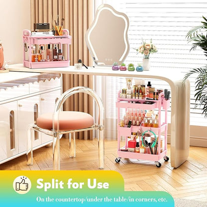 SUNALLY Makeup Cart Organizer with Drawers, Floor Skincare Organizers Vanity Storage Organizer, Rolling Makeup Bathroom Storage Cart Cosmetics Display Cases for Skin Care Perfume Nail Polish, Pink