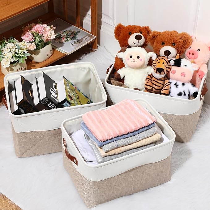 Uiifan 8 Pack 16 x 12 x 10 Inch Large Storage Baskets Collapsible Fabric Storage Cubes Bins with Handles for Shelves Closets Nursery Home Clothes Toys Organizers, Beige