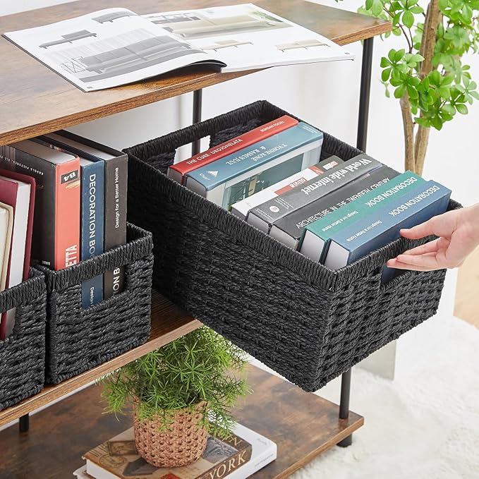 Vagusicc Wicker Storage Basket, Set of 3 Wicker Basket, Hand-Woven Paper Rope Storage Baskets for Organizing, Large Cube Storage Organizer Bins Baskets for Shelves Small Toilet Paper Baskets, Black
