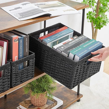 Vagusicc Wicker Storage Basket, Set of 3 Wicker Basket, Hand-Woven Paper Rope Storage Baskets for Organizing, Large Cube Storage Organizer Bins Baskets for Shelves Small Toilet Paper Baskets, Black