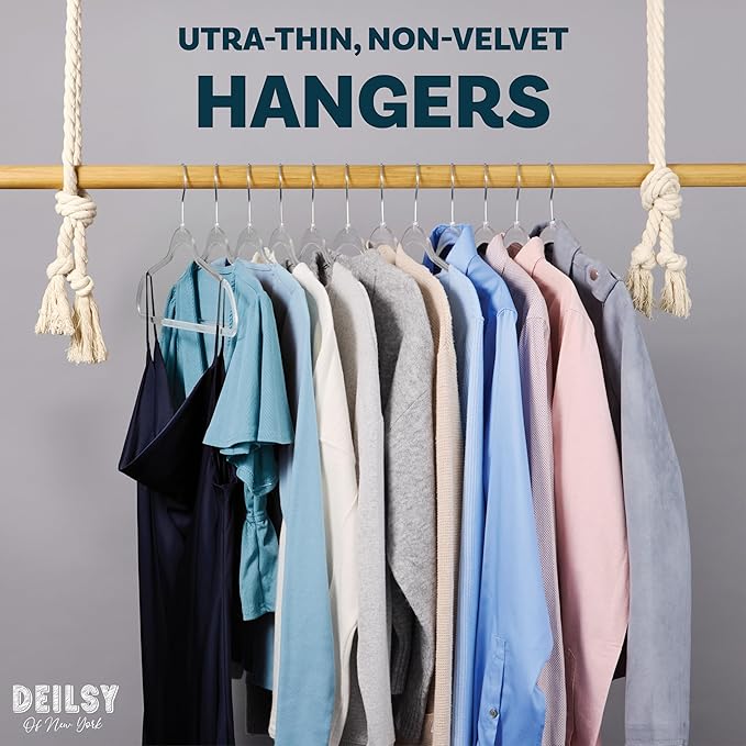 DEILSY™ Clear Hangers 50 Pack with Silver Hook - Non Velvet Slim Hangers - Durable Hanger Space Saver for Closet Organization, Shirts, Dresses, Jackets, Pants, Adult Clothes Storage Solution