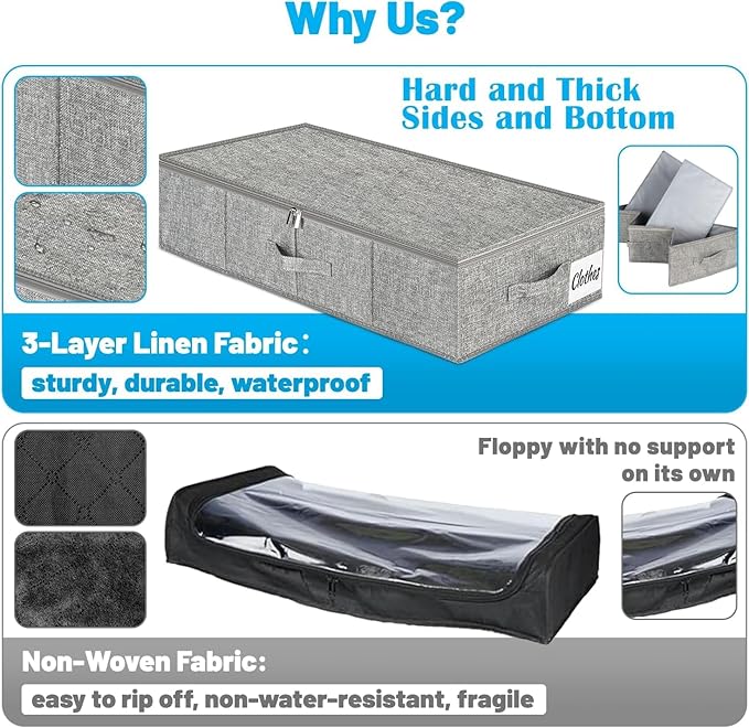 Under Bed Storage Container Bins 2 Pack, 5 Inch Thin Low Profile Underbed Clothes Storage Organizer for Dorm & Home, Use for Blanket and Toy Storage Box W/ Sturdy Bottom/Sides, Foldable Thick Fabric