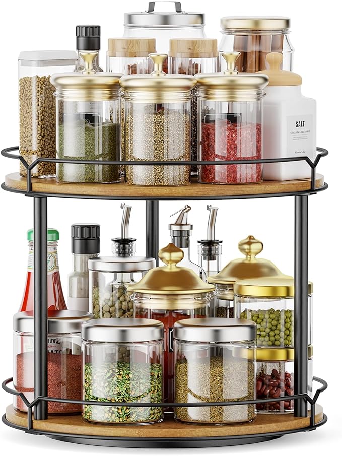 12.4" Lazy Susan Organizer 2 Tier, Rotating Spice Rack, Wooden Spinning Spice Holder for Inside Cabinet, Pantry, Kitchen, Countertop, Bathroom and Vanity, Versatile Storage