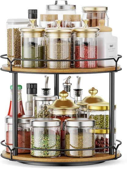 12.4" Lazy Susan Organizer 2 Tier, Rotating Spice Rack, Wooden Spinning Spice Holder for Inside Cabinet, Pantry, Kitchen, Countertop, Bathroom and Vanity, Versatile Storage