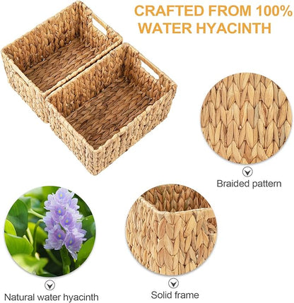 Water Hyacinth Rectangular Wicker Baskets, 12" Wicker Basket 2 Pack, Woven Storage Baskets with Handles