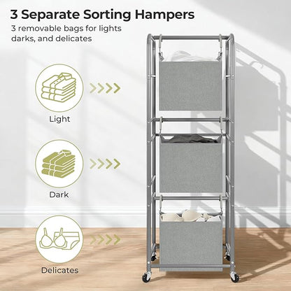 150L 3-Tier Vertical Laundry Hamper Sorter with Water-Resistant Removable Bag, Rolling Laundry Cart with Wheels & Brakes for Apartment, Dorm, Bathroom, Laundry Room, Grey