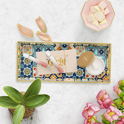 Bathroom Vanity Tray for Countertop, Small Plastic Toilet Tank Tray Versatile Storage & Organization Tray for Makeup, Perfume, Desk, Kitchen, Candles, 13.7"x6"x1.4", 35Boho2