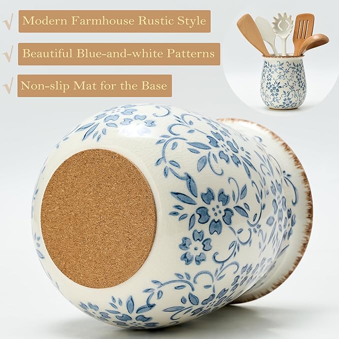 Utensil Holder for Kitchen Counter, Modern Farmhouse Cooking Utensil Holder and Crock Home Kitchen Decor, Ceramic Utensil Organizer for Spatula, Ladle, Eggbeater, Rolling Pin- Blue and White Porcelain